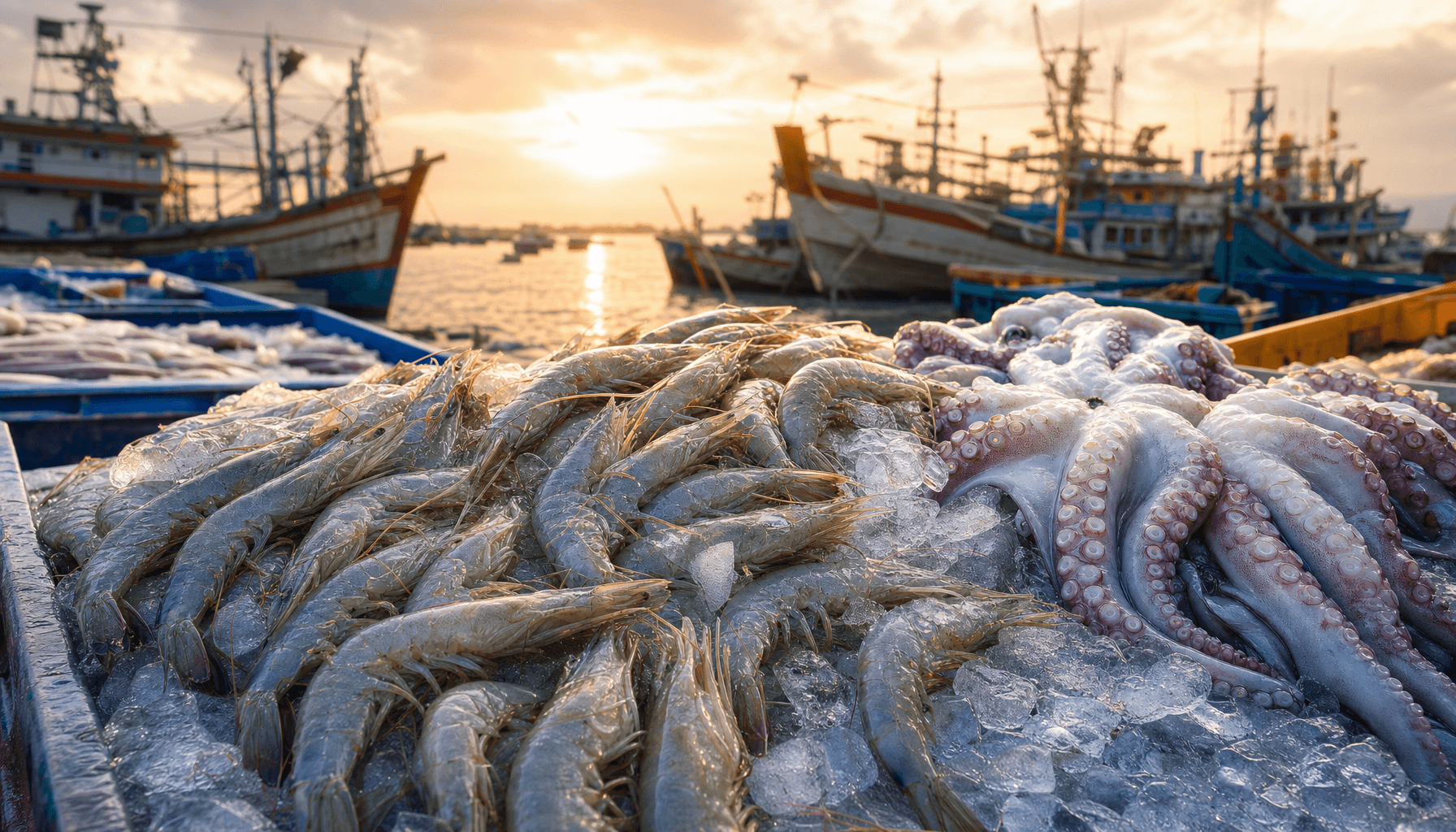 Indonesian fishing boats and fresh seafood at golden hour